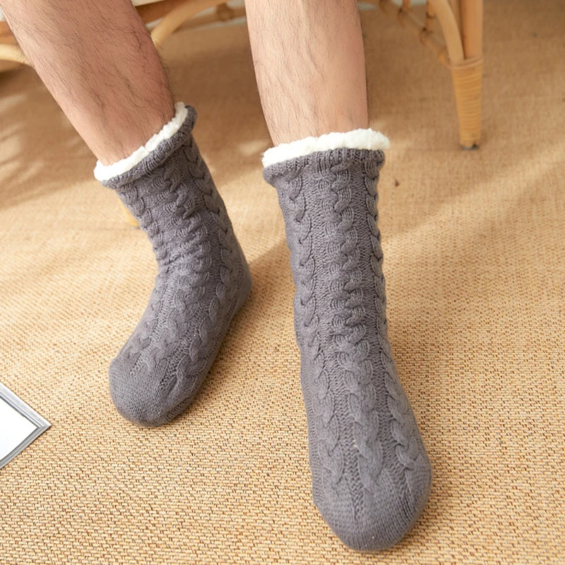 Thermal Socks Mens Winter warm Home Soft Male Cotton Thickened Plus Velvet Sleeping Anti Skid Grip Short Floor Slipper Sock thumbnail 4