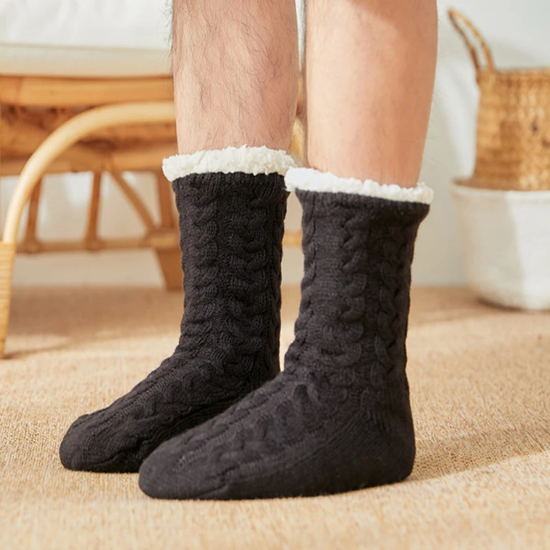 Thermal Socks Mens Winter warm Home Soft Male Cotton Thickened Plus Velvet Sleeping Anti Skid Grip Short Floor Slipper Sock thumbnail 3