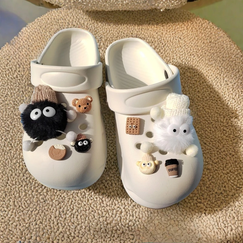New Fashion cute hole Shoe Charms DIY 3D Plush Coal Ball Biscuits Decoration Buckle for Shoe Charm Accessories Party Girls Gift