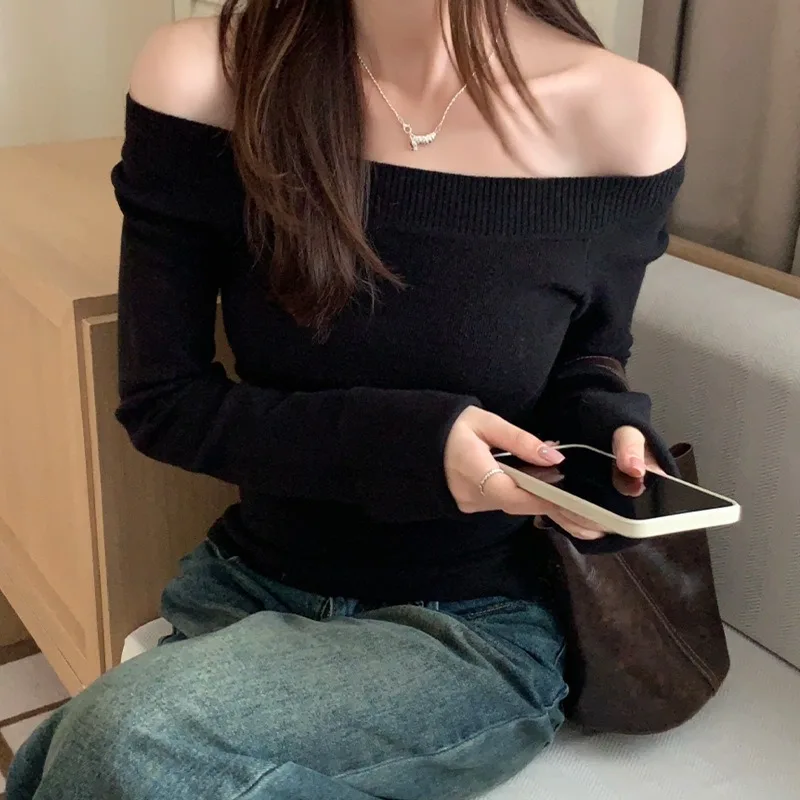 Sexy Pullovers Women Off Shoulder Cropped Knitted Basic Clothes Autumn All-match Side Slit Simple Tender Slim Gentle Seductive thumbnail 6