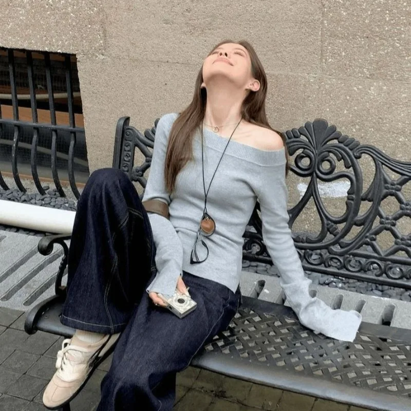 Sexy Pullovers Women Off Shoulder Cropped Knitted Basic Clothes Autumn All-match Side Slit Simple Tender Slim Gentle Seductive thumbnail 5