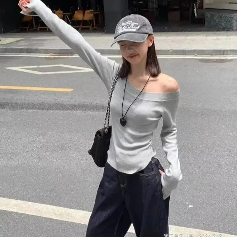 Sexy Pullovers Women Off Shoulder Cropped Knitted Basic Clothes Autumn All-match Side Slit Simple Tender Slim Gentle Seductive thumbnail 3