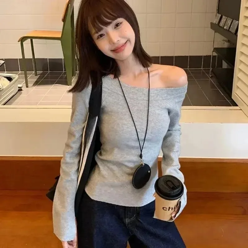 Sexy Pullovers Women Off Shoulder Cropped Knitted Basic Clothes Autumn All-match Side Slit Simple Tender Slim Gentle Seductive thumbnail 2