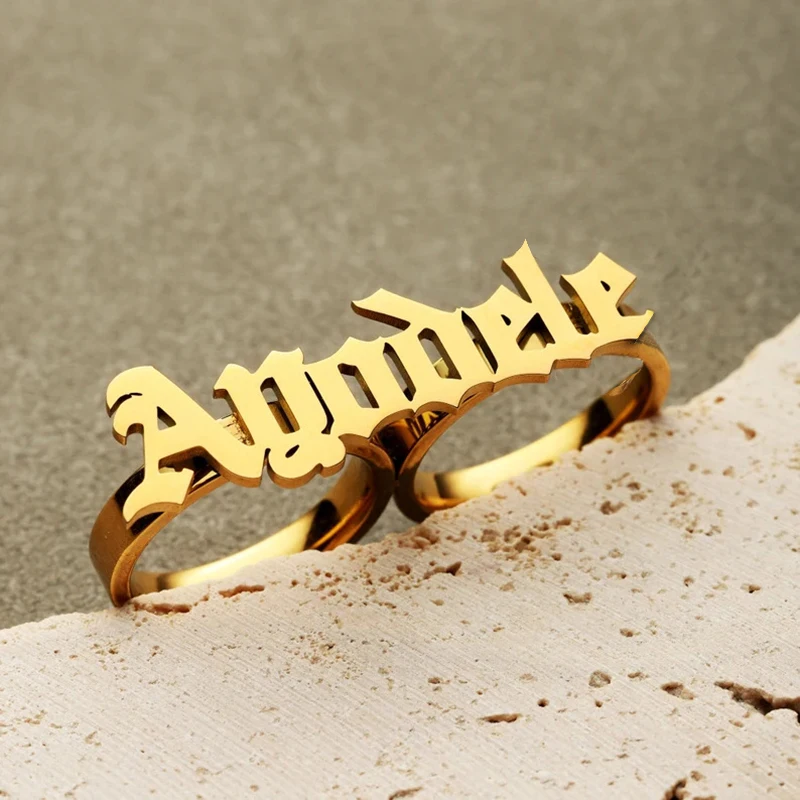 Stainless Steel Name Ring for Men Personalized Large 2 Finger Ring Knuckle Fashion Gold Double Finger Ring Women Couple Gift thumbnail 2