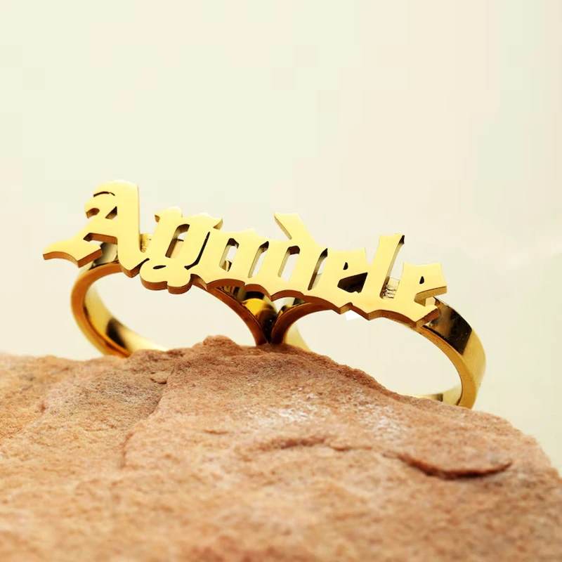 Stainless Steel Name Ring for Men Personalized Large 2 Finger Ring Knuckle Fashion Gold Double Finger Ring Women Couple Gift thumbnail 3