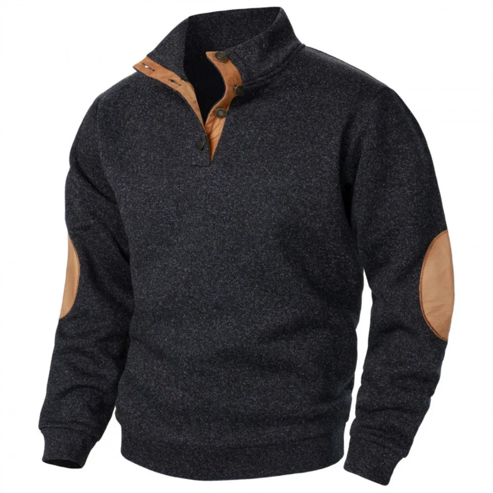 Men's Autumn Sweatshirt Patchwork Contrast Color Hoodies Stand Collar Men Botton Down Vintage Pullovers thumbnail 3