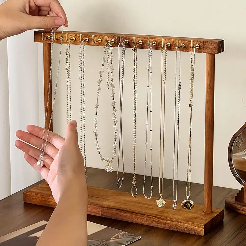 Jewelry Organizer Display Stand Solid Wood Necklace Hanging Countertop Rack For Chains Earrings Bracelets Showcase Storage Rack