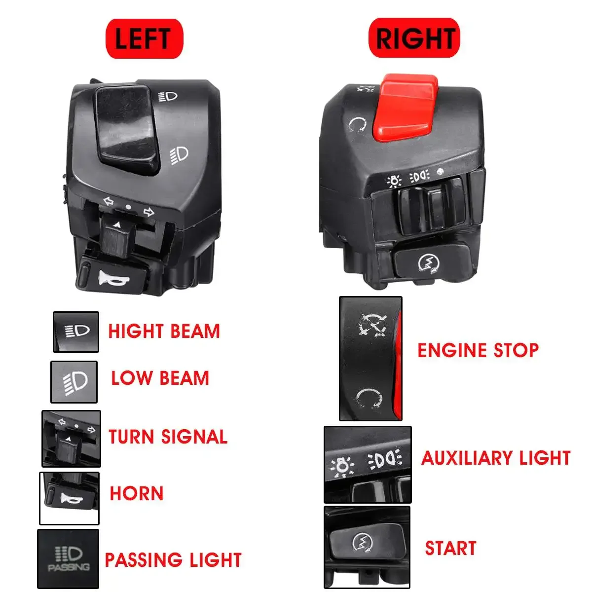 Universal 12V Motorcycle 7/8" Handlebar Control Switches Horn Turn Signal Headlight Electrical Start Switch Double Throttle thumbnail 2