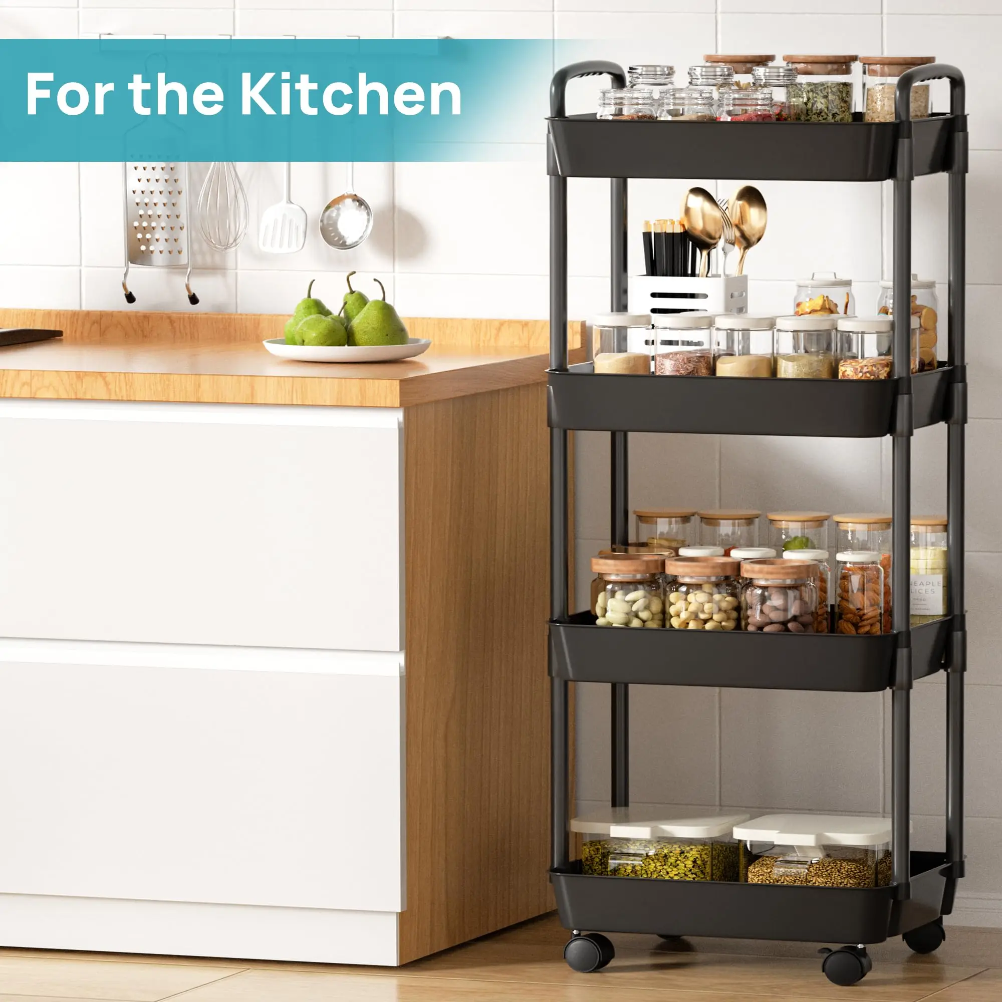 Plastic Rolling Utility Cart with Handle Storage Trolley for Office, Living Room, Kitchen, Movable Storage Organizer with Wheel thumbnail 5