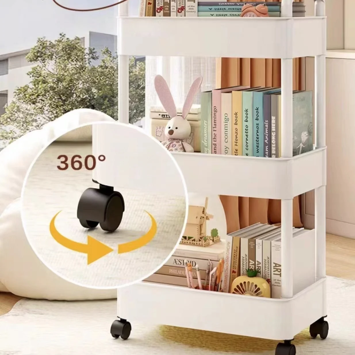 Plastic Rolling Utility Cart with Handle Storage Trolley for Office, Living Room, Kitchen, Movable Storage Organizer with Wheel thumbnail 4
