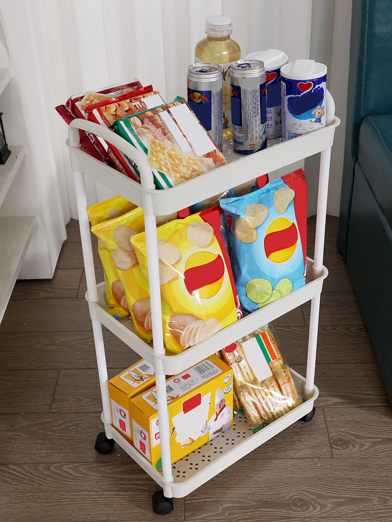 Plastic Rolling Utility Cart with Handle Storage Trolley for Office, Living Room, Kitchen, Movable Storage Organizer with Wheel thumbnail 3