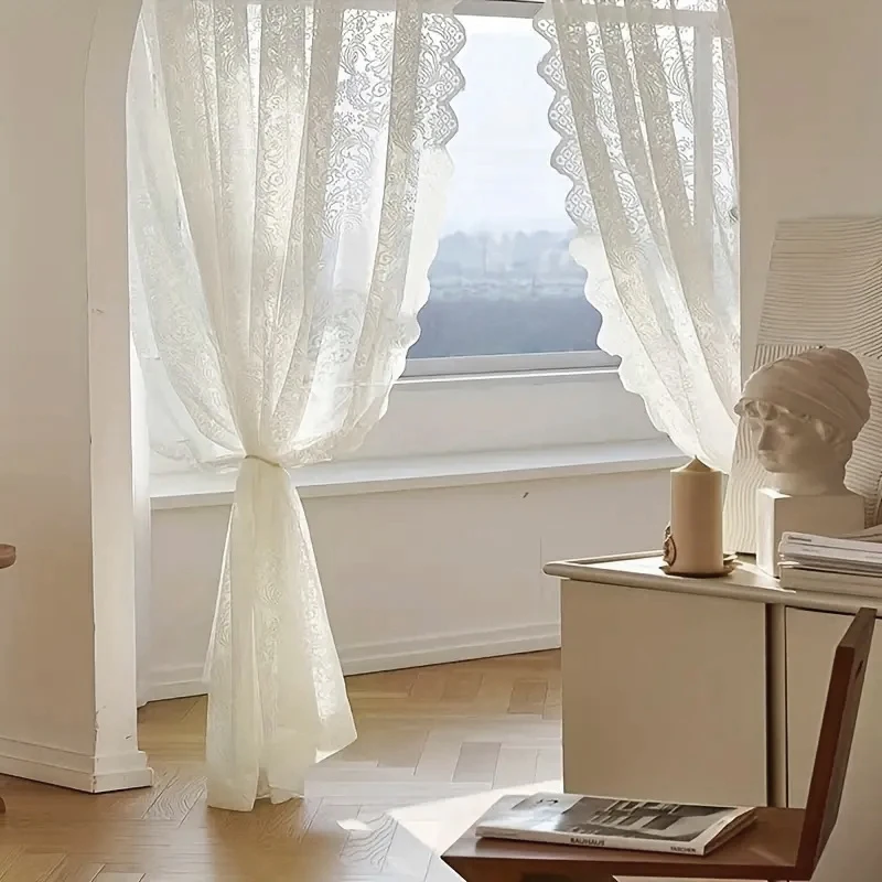 European-Style Lace Curtains, White Warp-Knitted Window Screens, Fresh Pastoral Door Curtains for Living Room, Bedroom, and Bay Windows, Ready-Made thumbnail 6
