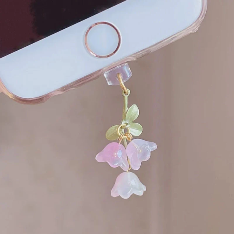1PC For Phone/Type-C Interface Cute Pink Lily Of The Valley Phone Charm Flower Green Leaf Dust Plug DIY Accessories