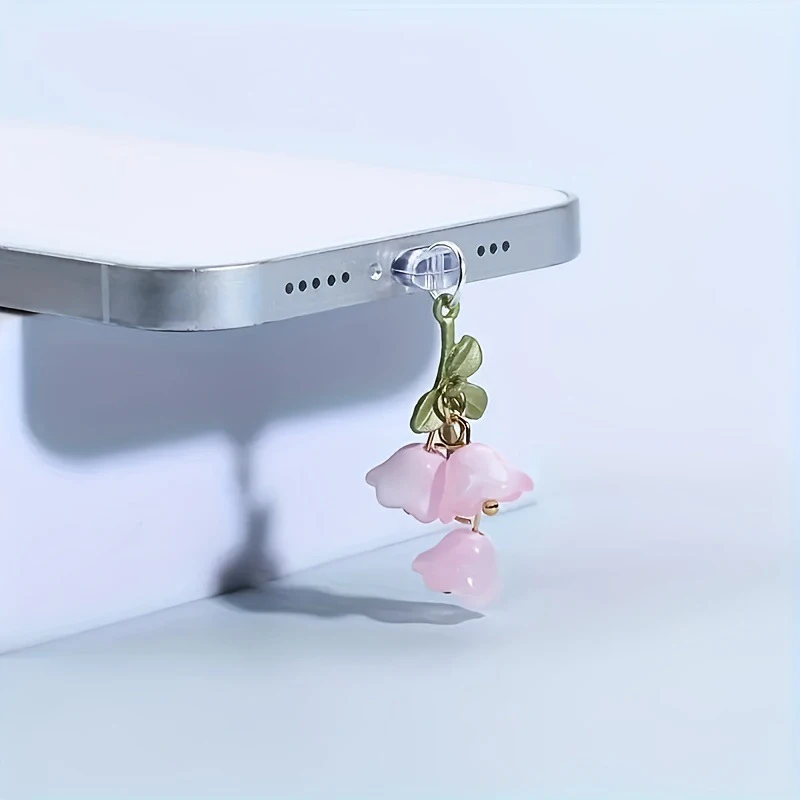 1PC For Phone/Type-C Interface Cute Pink Lily Of The Valley Phone Charm Flower Green Leaf Dust Plug DIY Accessories thumbnail 3
