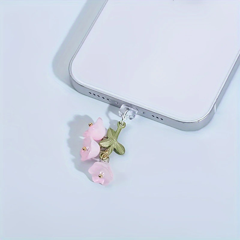 1PC For Phone/Type-C Interface Cute Pink Lily Of The Valley Phone Charm Flower Green Leaf Dust Plug DIY Accessories thumbnail 4