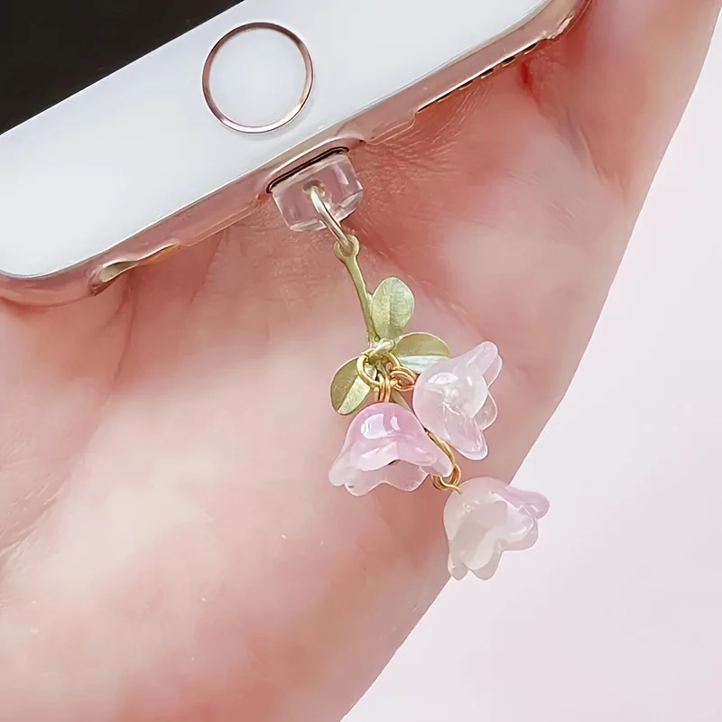 1PC For Phone/Type-C Interface Cute Pink Lily Of The Valley Phone Charm Flower Green Leaf Dust Plug DIY Accessories thumbnail 2