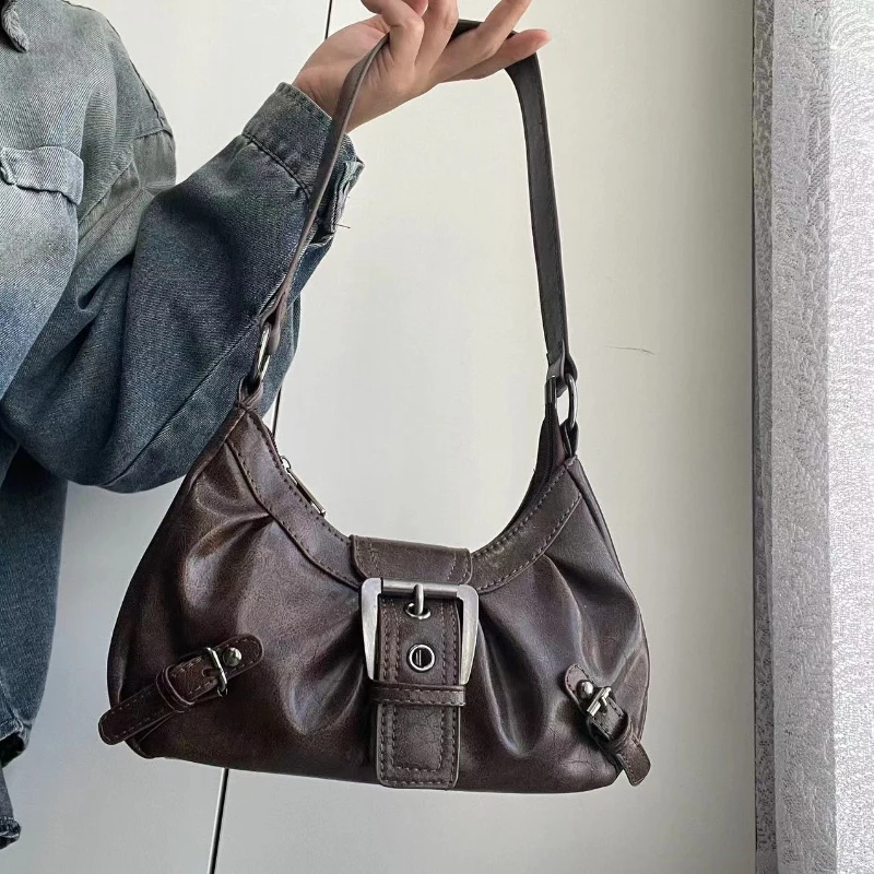 2025 Spring Hot Selling Maillard Style Retro Style Small Bag Spicy Girl Y2K Wasteland Style Vintage Leather Shoulder Armpit Bag thumbnail 2