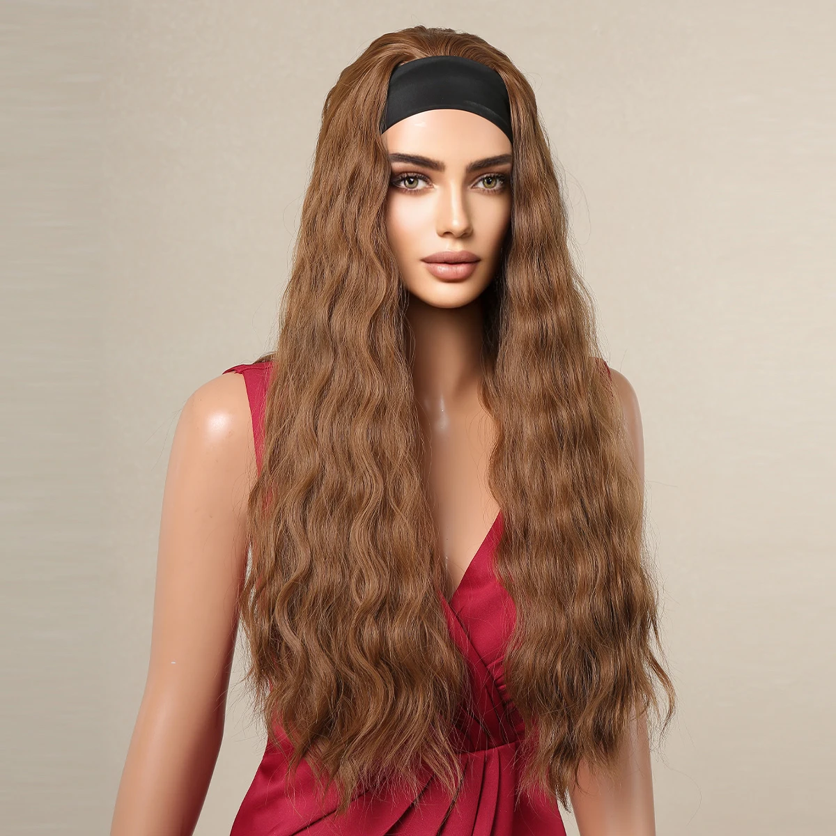 Brown Headband Synthetic Wig Long Curly Wavy Wig Natural Looking Daily Hair for Women Party Cosplay Use High Temperature Fiber thumbnail 4