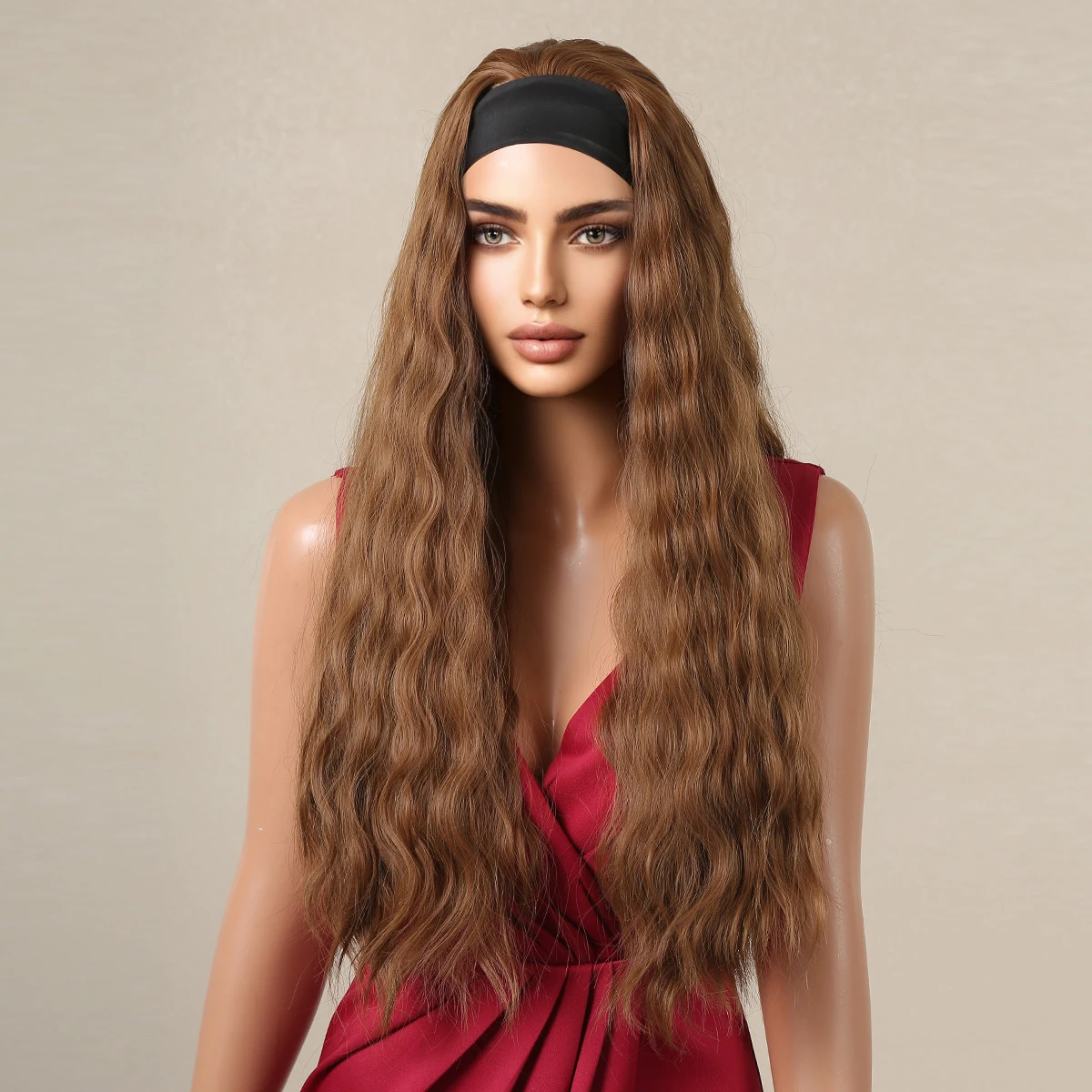 Brown Headband Synthetic Wig Long Curly Wavy Wig Natural Looking Daily Hair for Women Party Cosplay Use High Temperature Fiber thumbnail 3