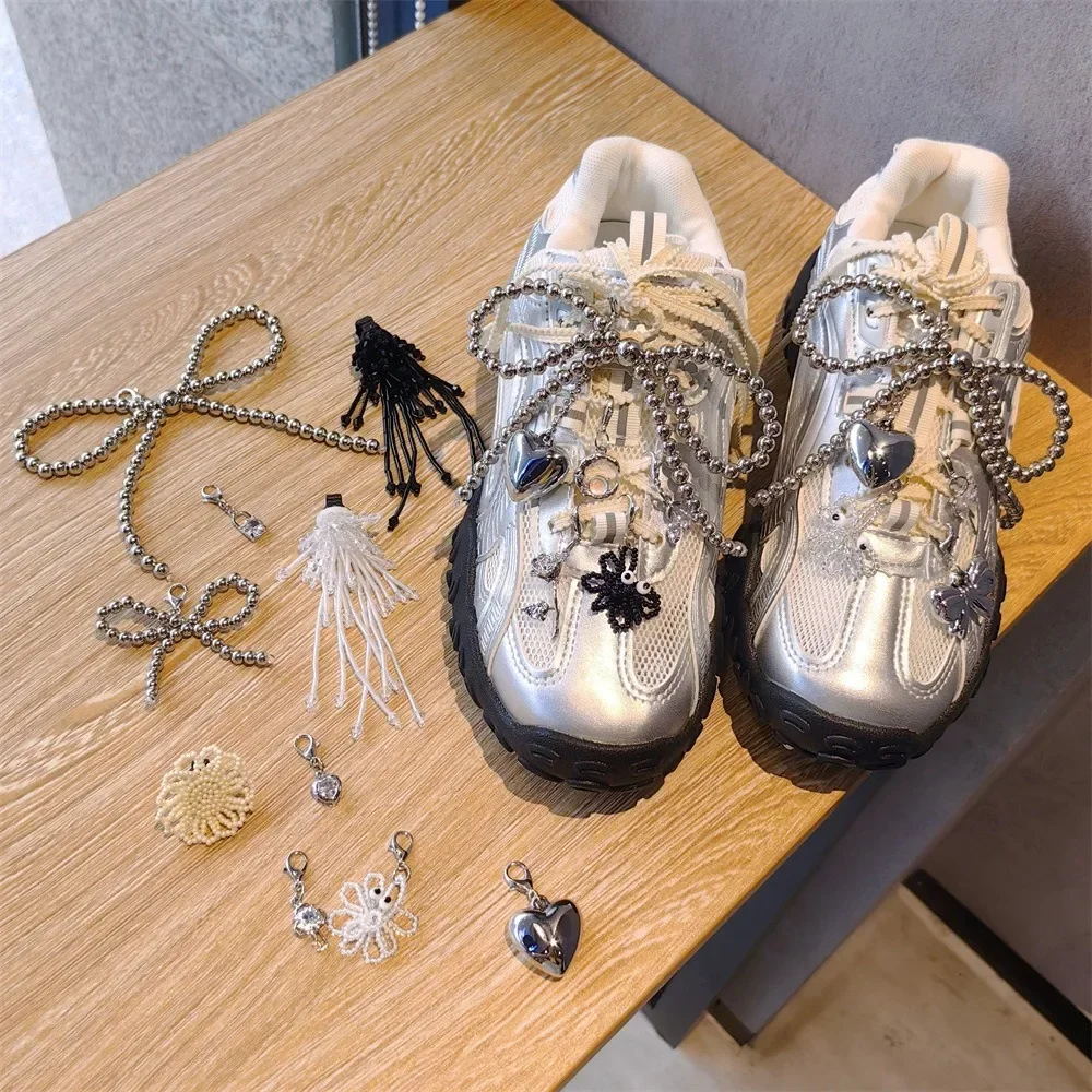 1PCS Fashion Silver Pearl Bow Pendant Gemstone Shoelaces Charms for Sneakers Shoe Decorations Buckle Girl Heart Shoe Charm thumbnail 3