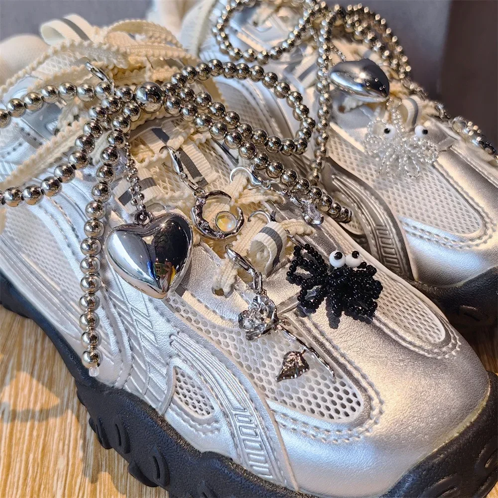 1PCS Fashion Silver Pearl Bow Pendant Gemstone Shoelaces Charms for Sneakers Shoe Decorations Buckle Girl Heart Shoe Charm thumbnail 2