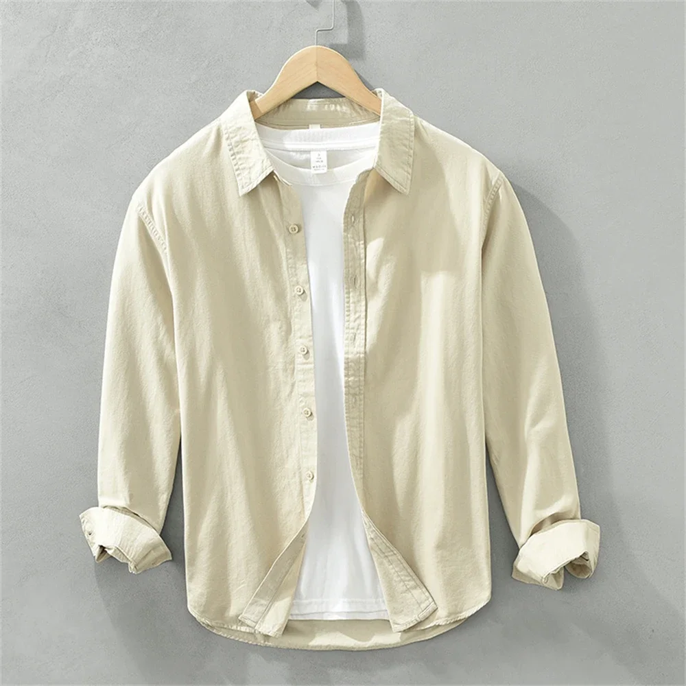 Mens long sleeve regular shirt Multi-color cotton plain shirt for Young men work tops Autumn men's clothing loose casual shirts thumbnail 6