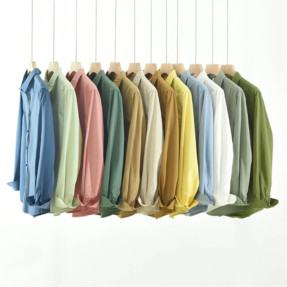 Mens long sleeve regular shirt Multi-color cotton plain shirt for Young men work tops Autumn men's clothing loose casual shirts thumbnail 3