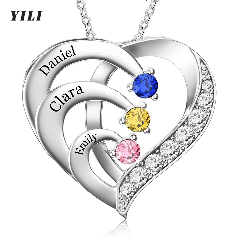 Personalized Name Necklace with Birthstones Custom Promise Necklace Heart Pendant with Engraved Names Christmas Jewelry Gifts