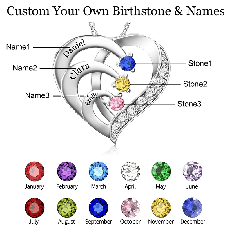 Personalized Name Necklace with Birthstones Custom Promise Necklace Heart Pendant with Engraved Names Christmas Jewelry Gifts thumbnail 5