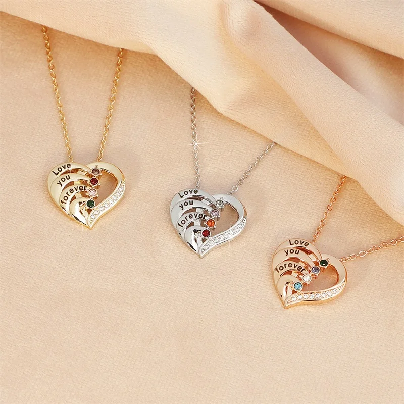 Personalized Name Necklace with Birthstones Custom Promise Necklace Heart Pendant with Engraved Names Christmas Jewelry Gifts thumbnail 2