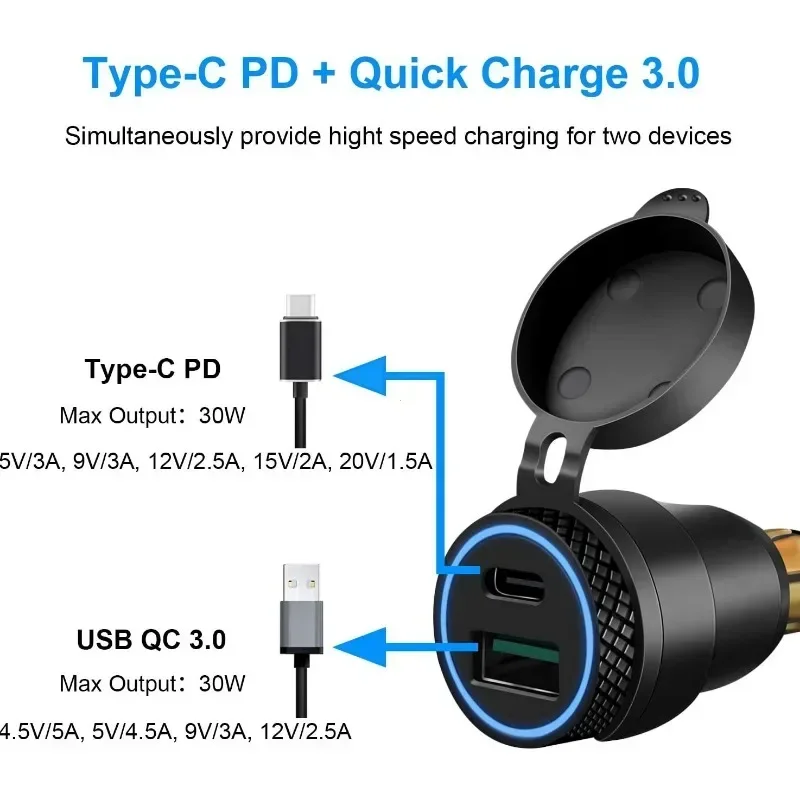 Motorcycle Waterproof Charger 30W QC3.0 USB C-type PD Power Adapter Hella DIN Plug Socket Quick Charger for BMW Ducati Triumph thumbnail 2