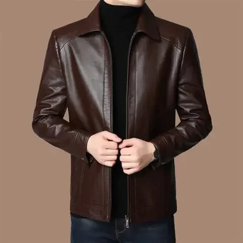 Faux Leather Men Jackets Coats Stand Collar Zipper Coat Solid Casual Regular Splice Simple Jacket Outerwear Autumn Winter thumbnail 3