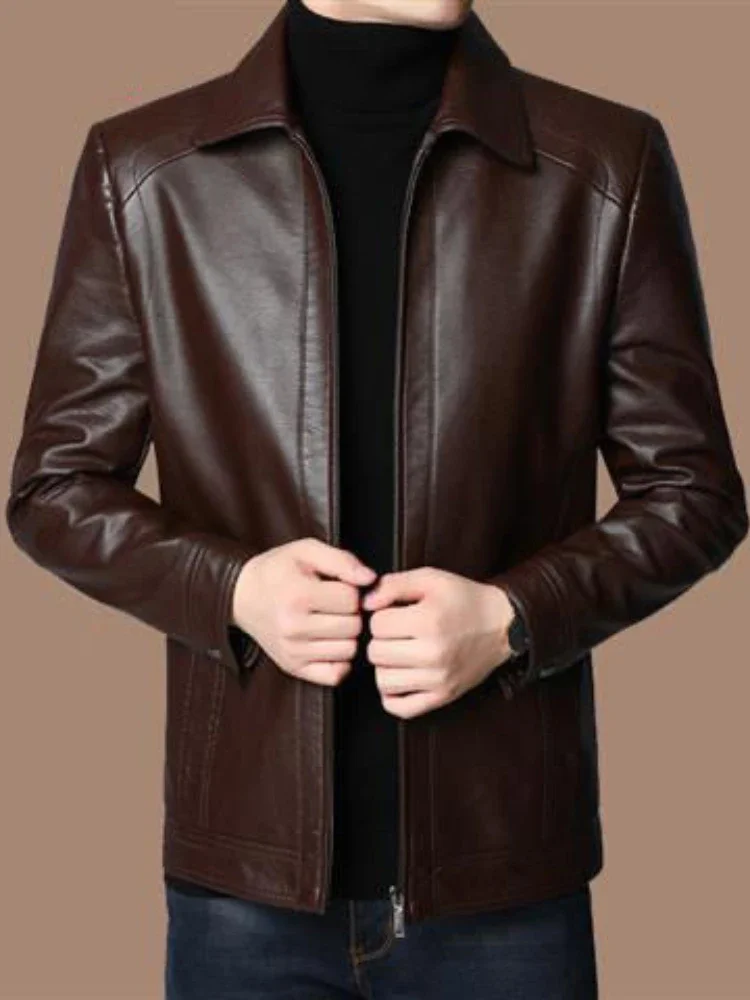 Faux Leather Men Jackets Coats Stand Collar Zipper Coat Solid Casual Regular Splice Simple Jacket Outerwear Autumn Winter thumbnail 6