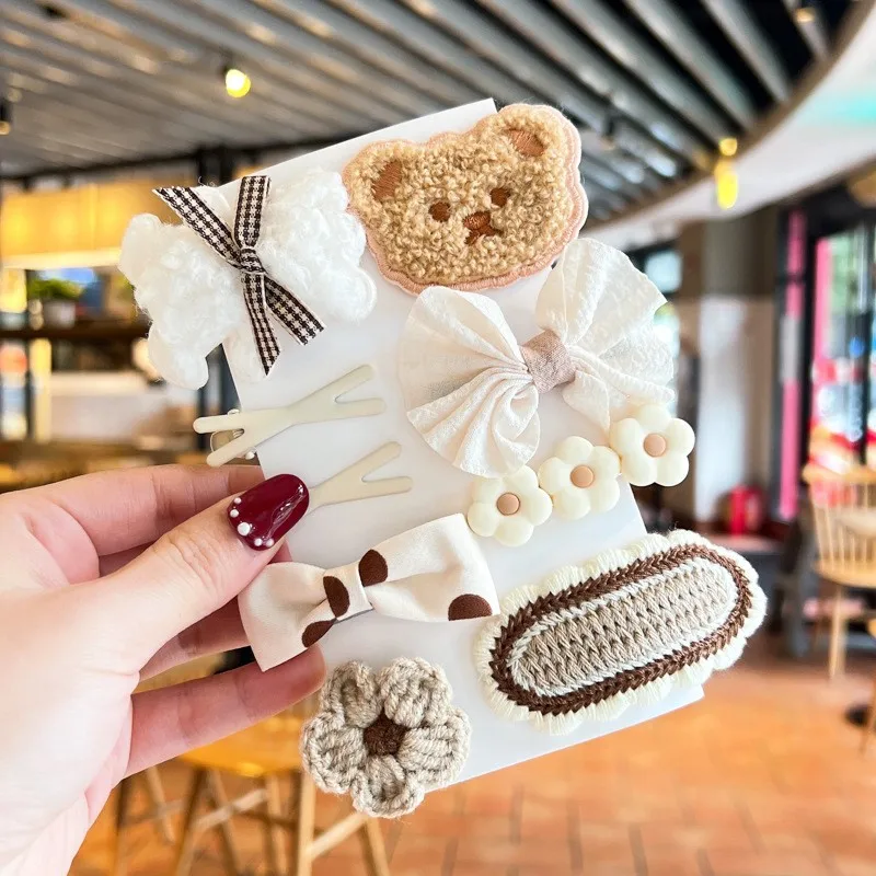 9Pcs/Set Cartoon Bear Baby Hair Clips Autumn Winter Plush Kintted Hairpin Cute Bow Toddler Girl Barrettes Kids Hair Accessories thumbnail 2