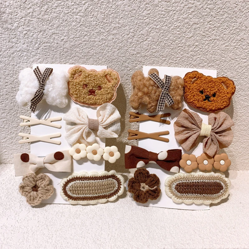 9Pcs/Set Cartoon Bear Baby Hair Clips Autumn Winter Plush Kintted Hairpin Cute Bow Toddler Girl Barrettes Kids Hair Accessories thumbnail 4