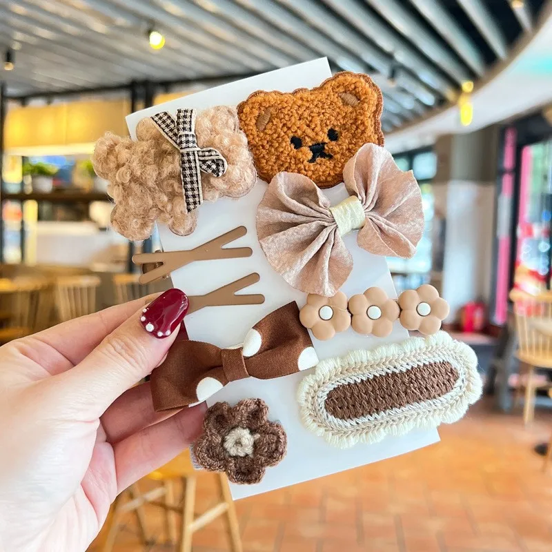 9Pcs/Set Cartoon Bear Baby Hair Clips Autumn Winter Plush Kintted Hairpin Cute Bow Toddler Girl Barrettes Kids Hair Accessories thumbnail 3