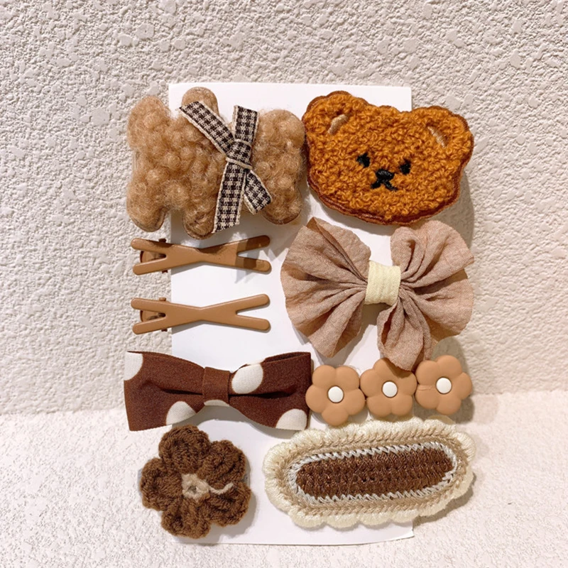 9Pcs/Set Cartoon Bear Baby Hair Clips Autumn Winter Plush Kintted Hairpin Cute Bow Toddler Girl Barrettes Kids Hair Accessories thumbnail 5