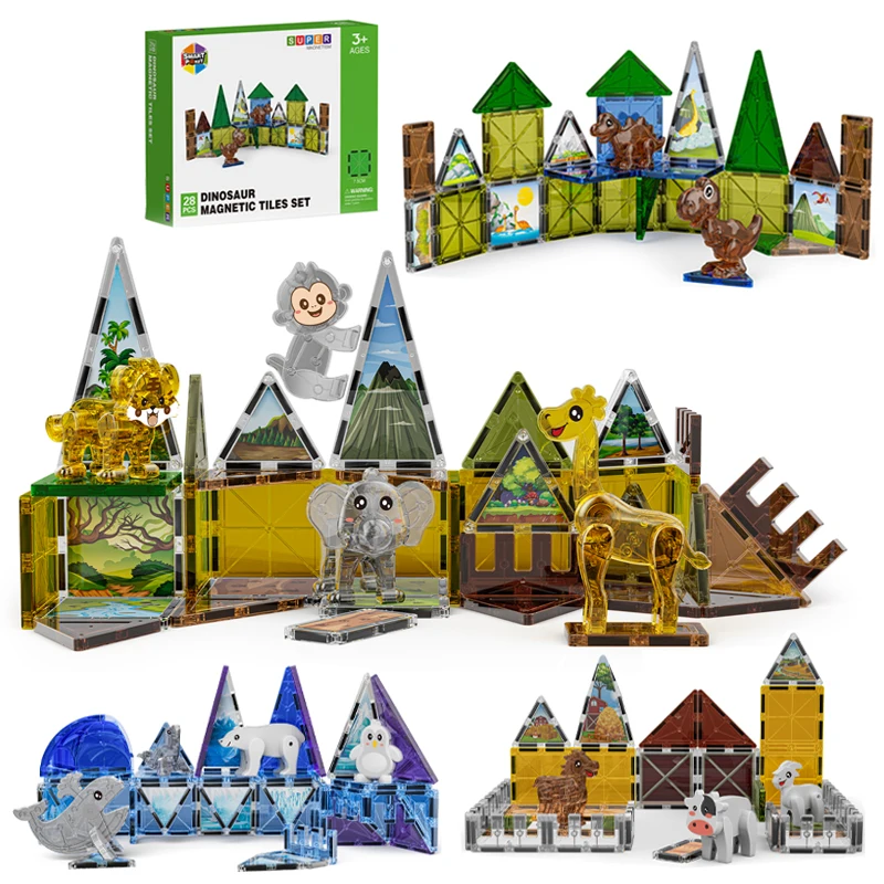 Magnetic Tiles Animal Dinosaur Theme Blocks Kids Toys DIY Farm Magnetic Tiles Scene construction Boys Game Activity Sensory Toys