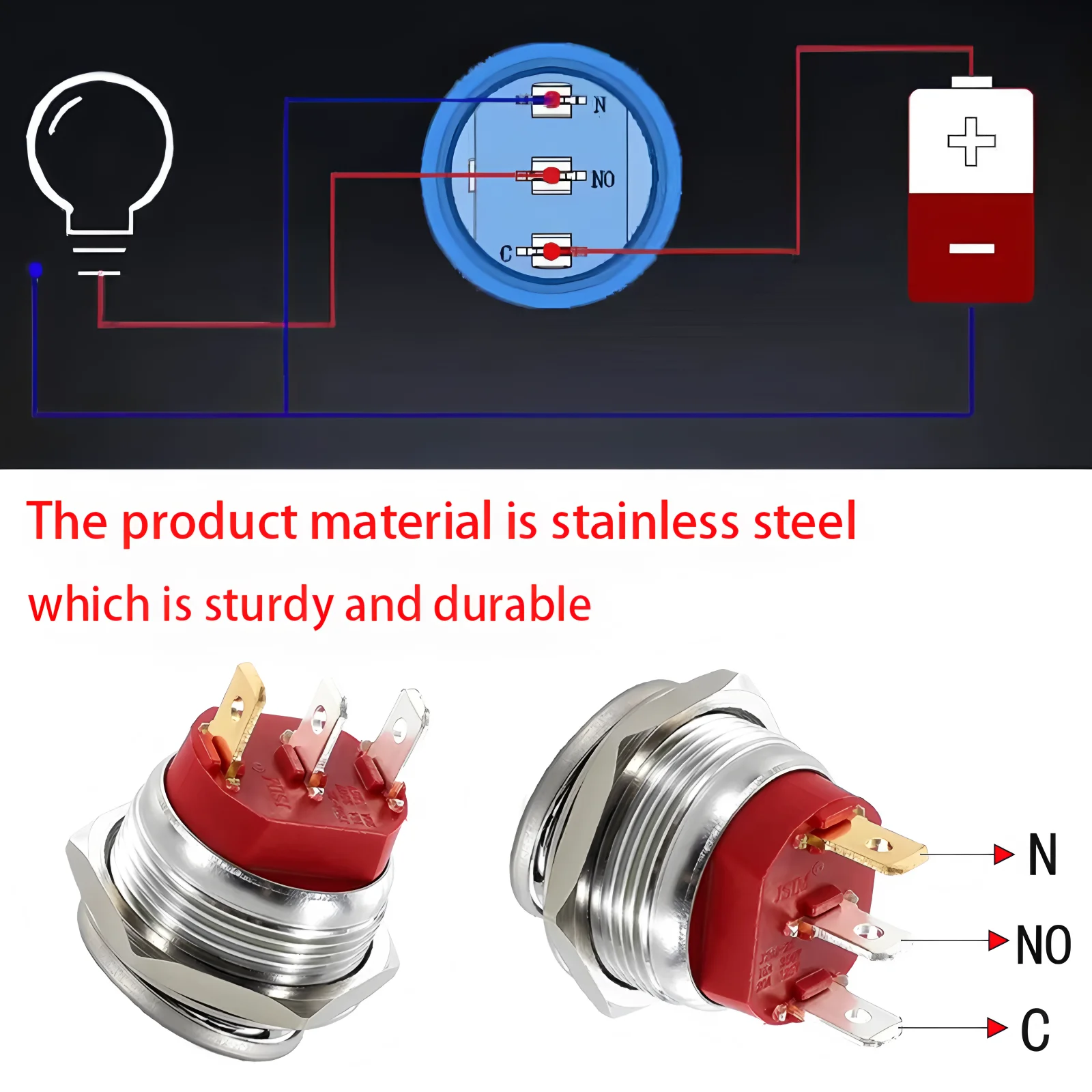 22mm Metal Button Rocker Switch Stainless Steel 12V 20A Self-locking Two Positions Car Toggle Switches ON-OFF 220V 15A 3 Pins thumbnail 3