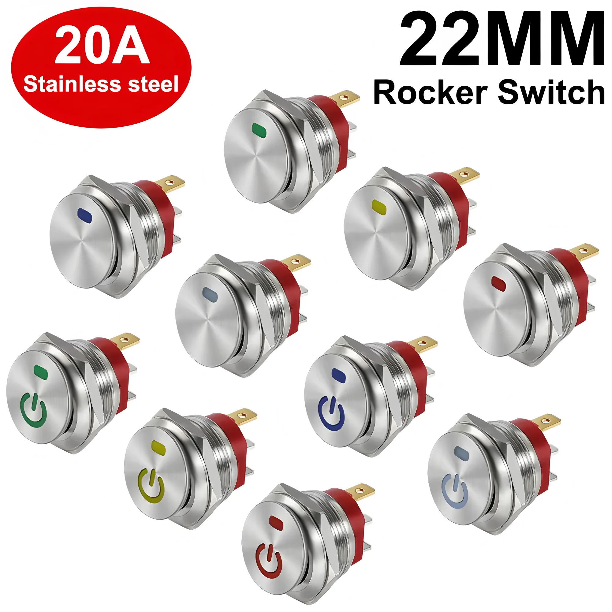 22mm Metal Button Rocker Switch Stainless Steel 12V 20A Self-locking Two Positions Car Toggle Switches ON-OFF 220V 15A 3 Pins thumbnail 2