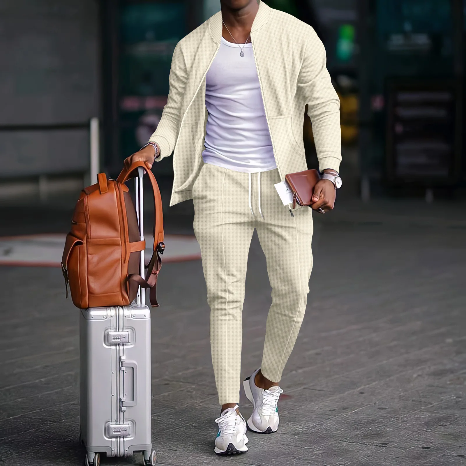 Autumnwinter men's casual blazer set new fashion Waffle baseball suit round neck pocket zipper long sleeve trousers two-piece se thumbnail 3