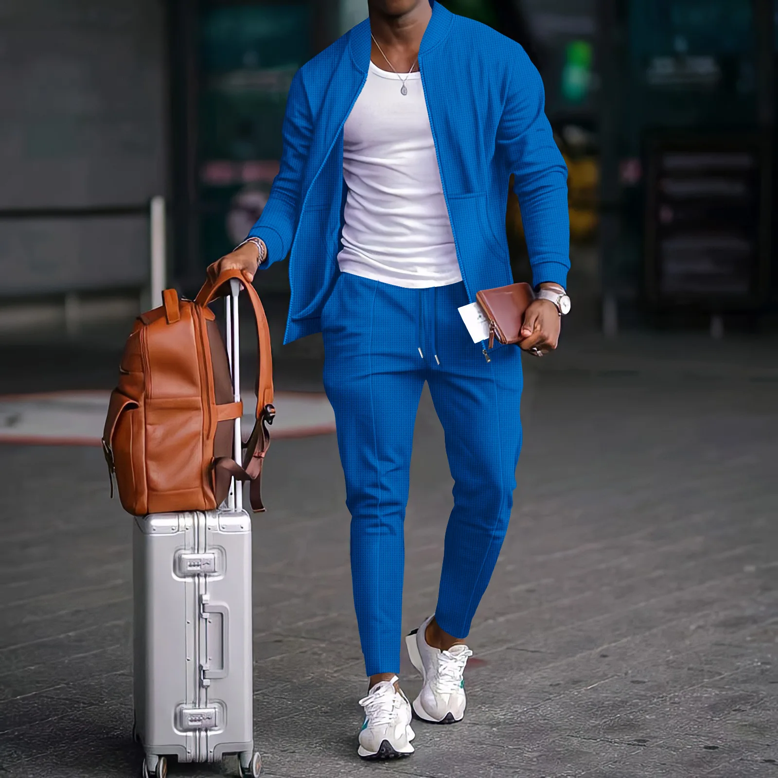 Autumnwinter men's casual blazer set new fashion Waffle baseball suit round neck pocket zipper long sleeve trousers two-piece se thumbnail 4