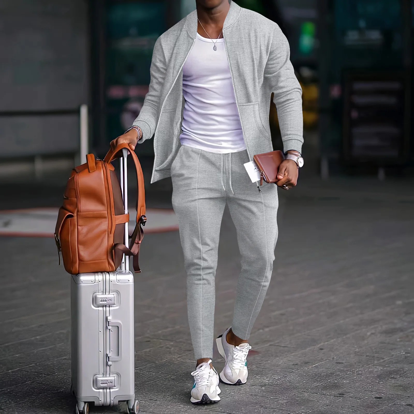 Autumnwinter men's casual blazer set new fashion Waffle baseball suit round neck pocket zipper long sleeve trousers two-piece se thumbnail 5