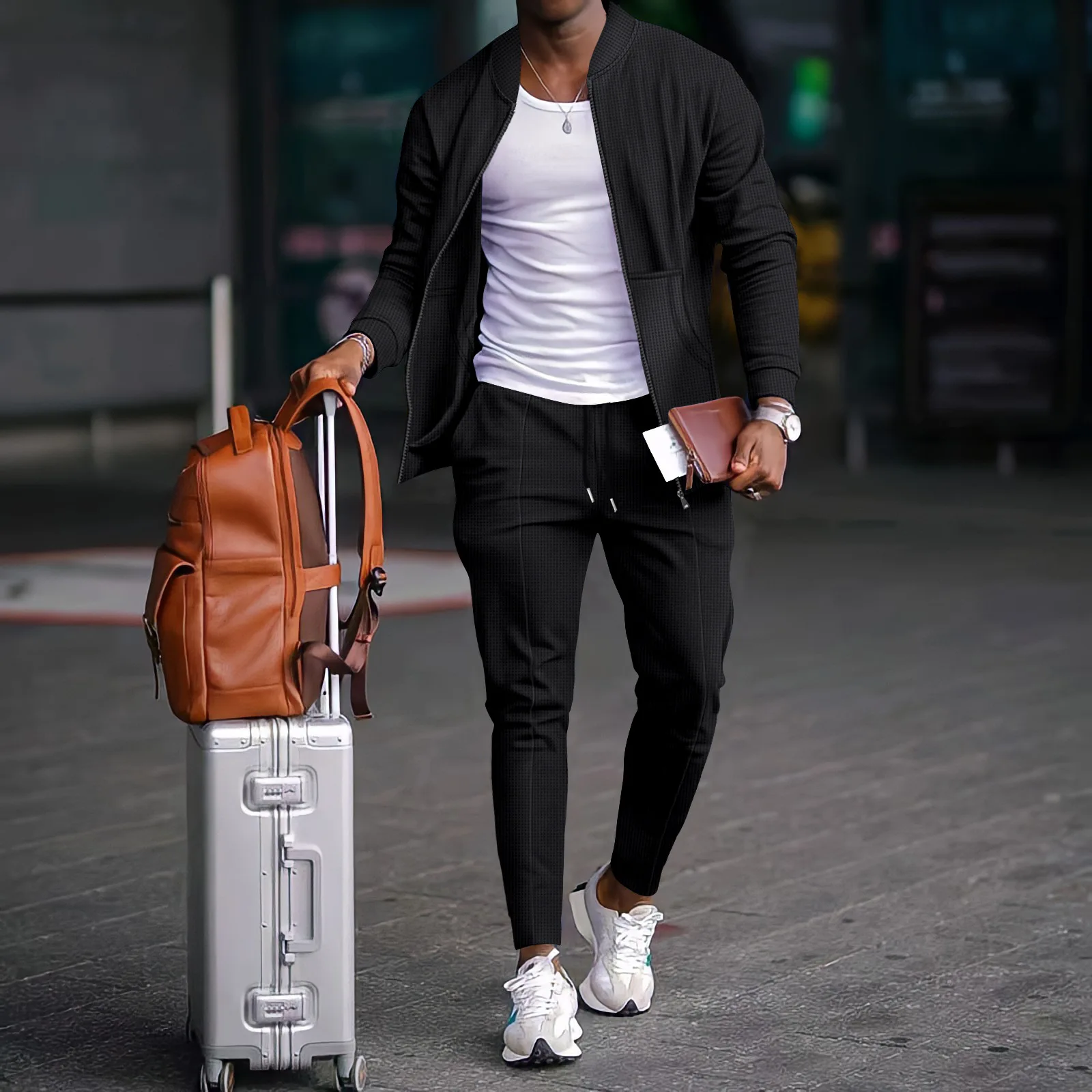 Autumnwinter men's casual blazer set new fashion Waffle baseball suit round neck pocket zipper long sleeve trousers two-piece se thumbnail 2
