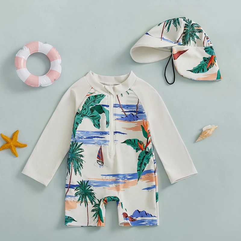 0-5Years Kids Boy Rash Guard Swimsuits Shark Print Long Sleeve Half Zip-up Bathing Suit with Sun Hat 2 Pcs Swimwear for Toddler thumbnail 4