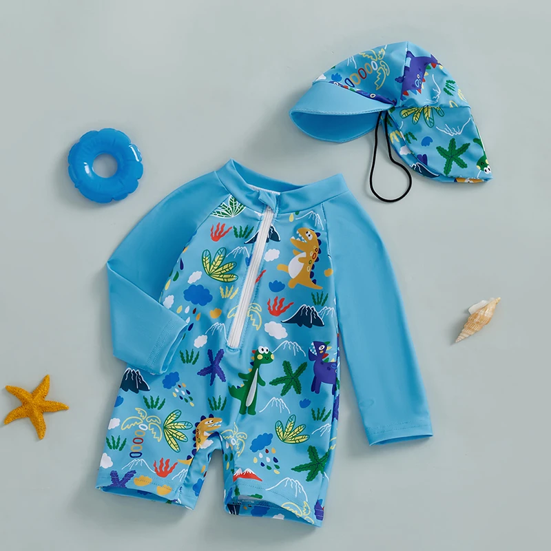 0-5Years Kids Boy Rash Guard Swimsuits Shark Print Long Sleeve Half Zip-up Bathing Suit with Sun Hat 2 Pcs Swimwear for Toddler thumbnail 5