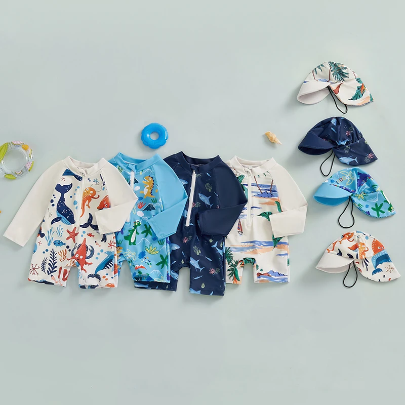 0-5Years Kids Boy Rash Guard Swimsuits Shark Print Long Sleeve Half Zip-up Bathing Suit with Sun Hat 2 Pcs Swimwear for Toddler thumbnail 6