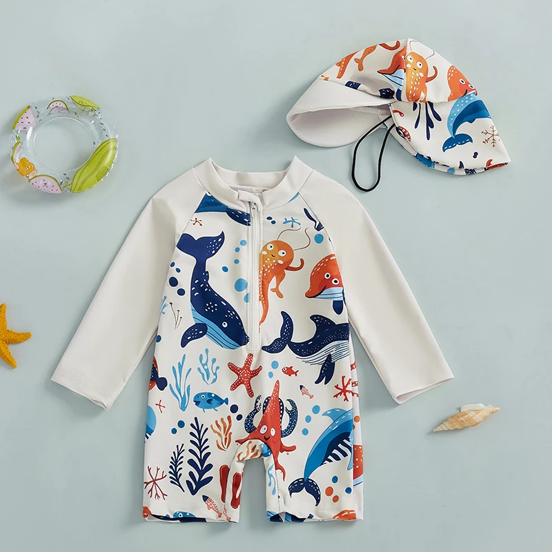 0-5Years Kids Boy Rash Guard Swimsuits Shark Print Long Sleeve Half Zip-up Bathing Suit with Sun Hat 2 Pcs Swimwear for Toddler thumbnail 3