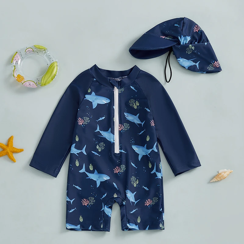 0-5Years Kids Boy Rash Guard Swimsuits Shark Print Long Sleeve Half Zip-up Bathing Suit with Sun Hat 2 Pcs Swimwear for Toddler thumbnail 2
