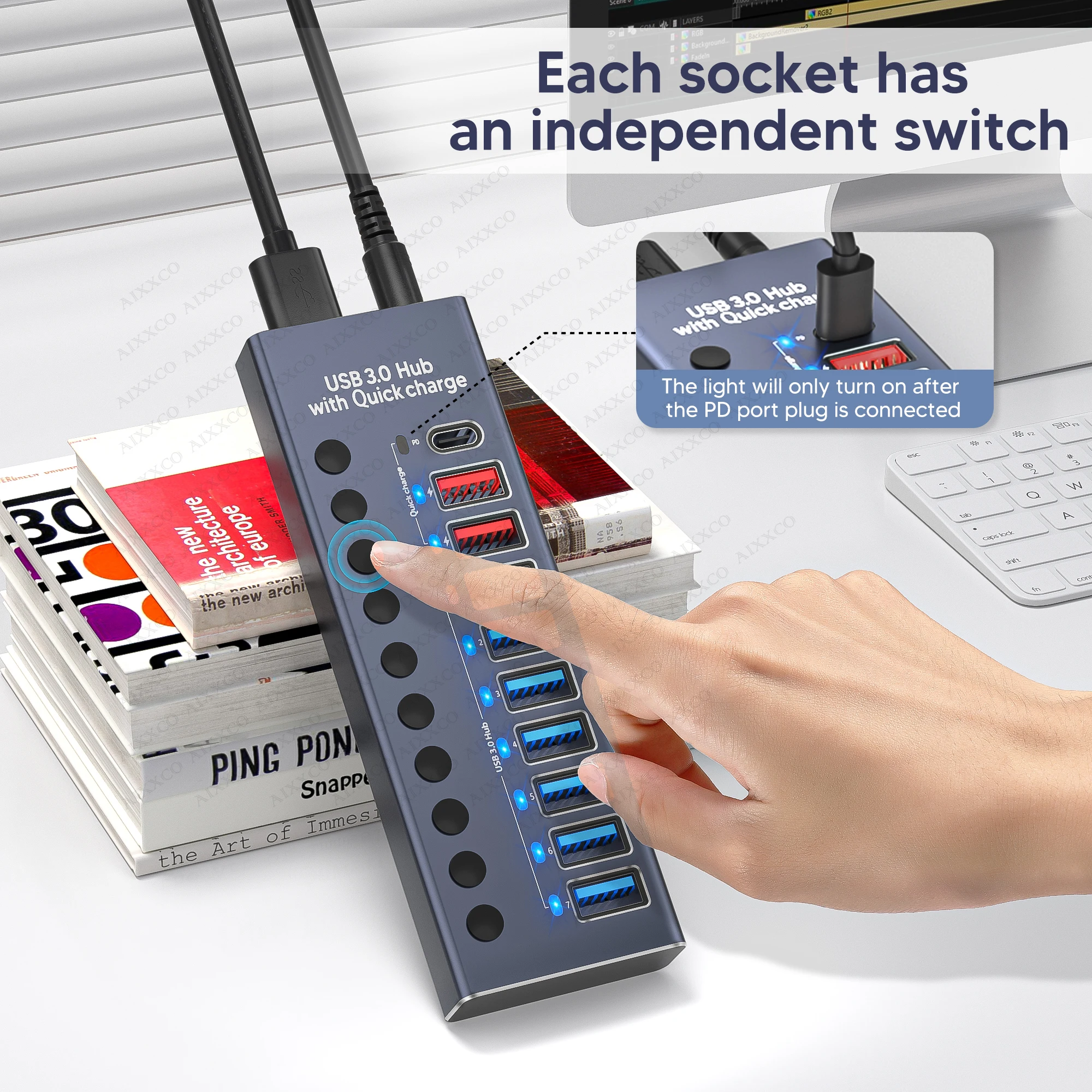 AIXXCO USB Hub Splitter Socket with Multi USB 3.0 Port Slot Plug On-Off Key Switch Dock Power Strip Adapter for PC Lapto thumbnail 4